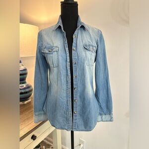 Dolled-Up Woman’s Small Distressed Denim Pocket Button-Up Shirt - Size Small
